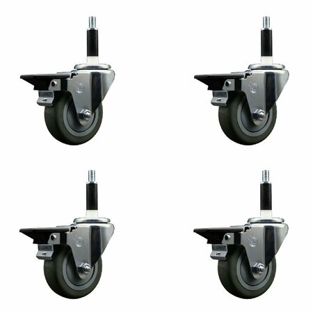 SERVICE CASTER 3.5'' Gray Poly Swivel 7/8'' Expanding Stem Caster Set with Brake, 4PK SCC-EX20S3514-PPUB-PLB-78-4